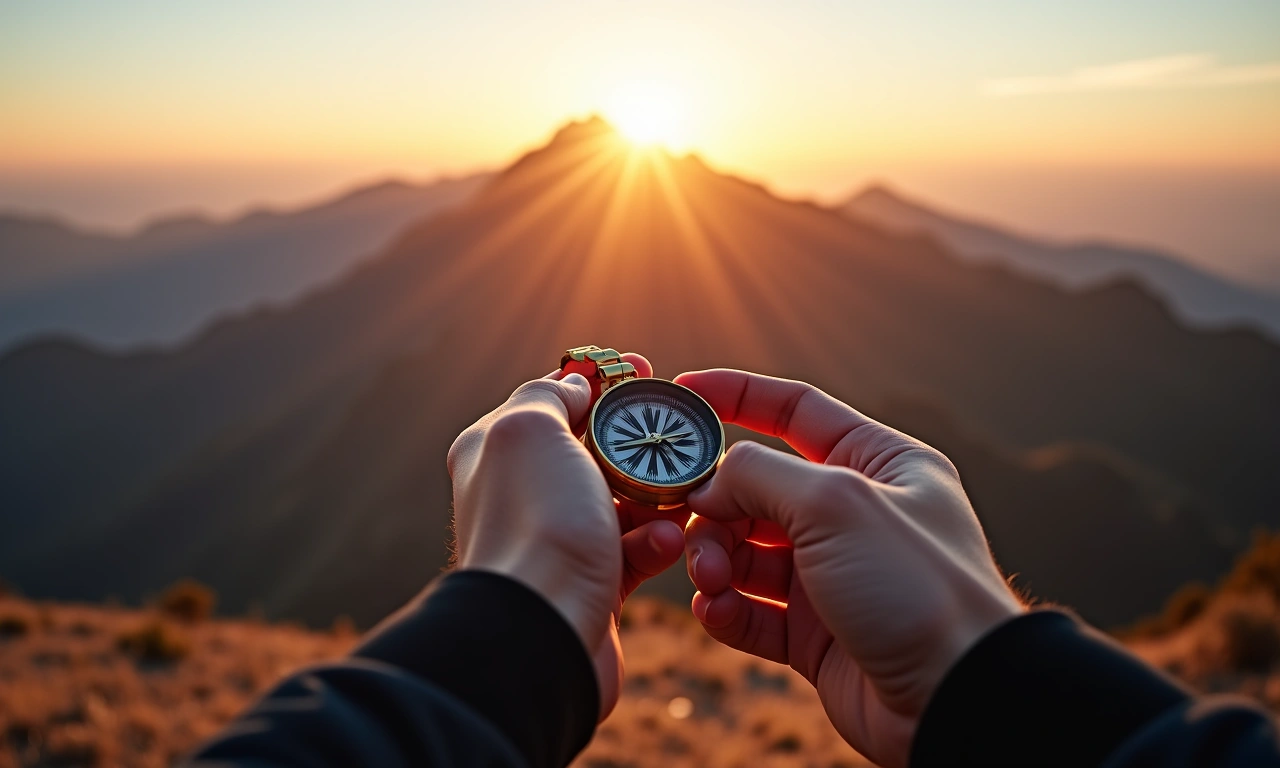 Close-up of hands holding a compass pointing towards a distant, sunlit mountain peak., photorealistic, 8k, highly detailed, cinematic lighting