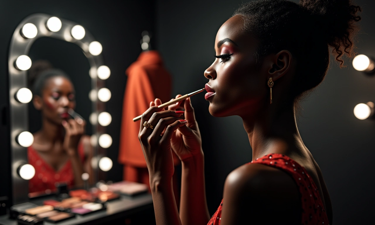 A stark contrast: a dark hand applying bright make-up in a backstage setting, showing a mirror with lights, and high-fashion clothing nearby, evoking both the beauty and the challenges of being a Black model., photorealistic, 8k, highly detailed, cinematic lighting