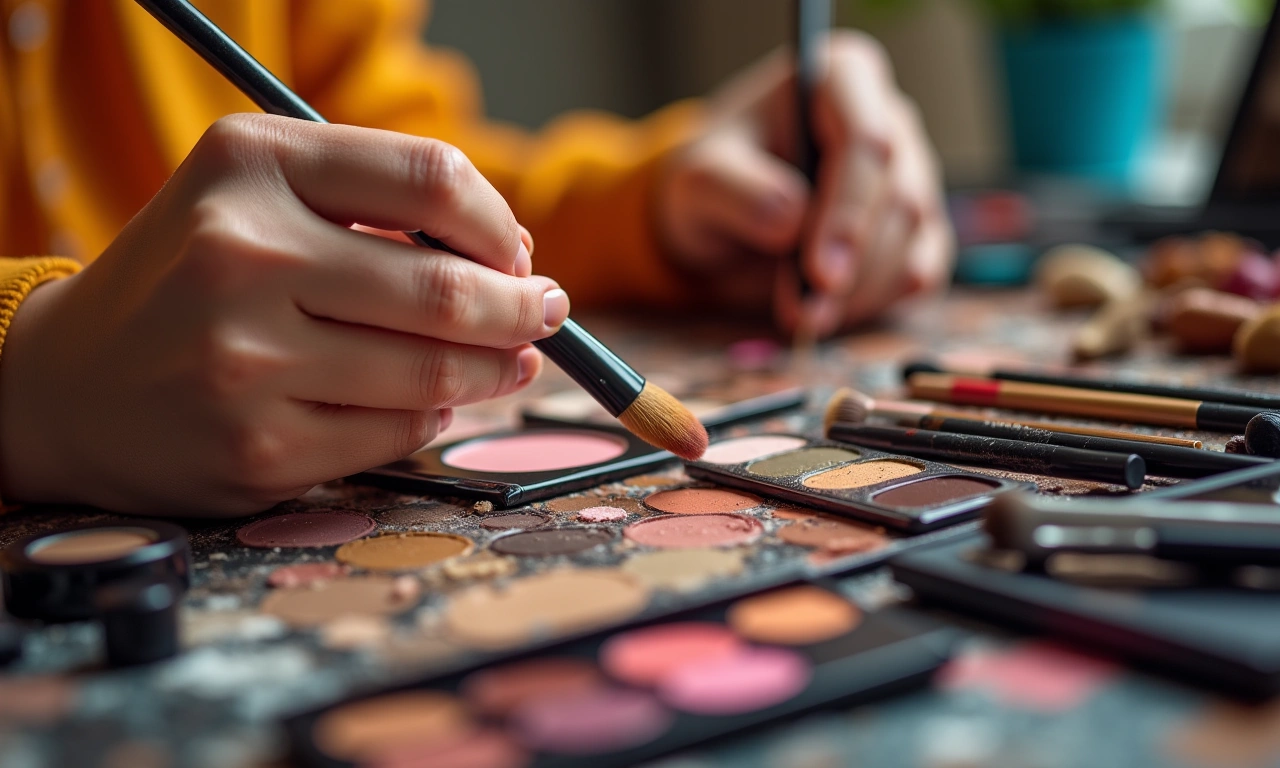 Close-up of a young person's hands meticulously applying makeup, surrounded by an array of colorful cosmetics and brushes on a vanity table., photorealistic, 8k, highly detailed, cinematic lighting