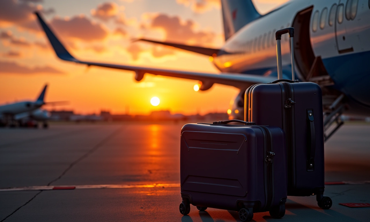 An aerial view of luggage being loaded onto a plane at sunset, symbolizing a journey and relocation, focused on the textures of the suitcases and the airplane wing., photorealistic, 8k, highly detailed, cinematic lighting