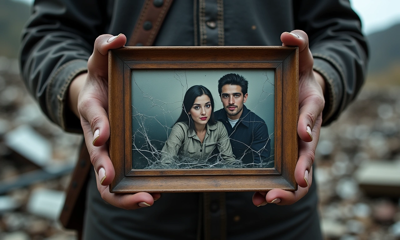 Close-up of weathered hands holding a framed photograph with a cracked glass, depicting a family portrait, set against a backdrop of rubble and debris., photorealistic, 8k, highly detailed, cinematic lighting
