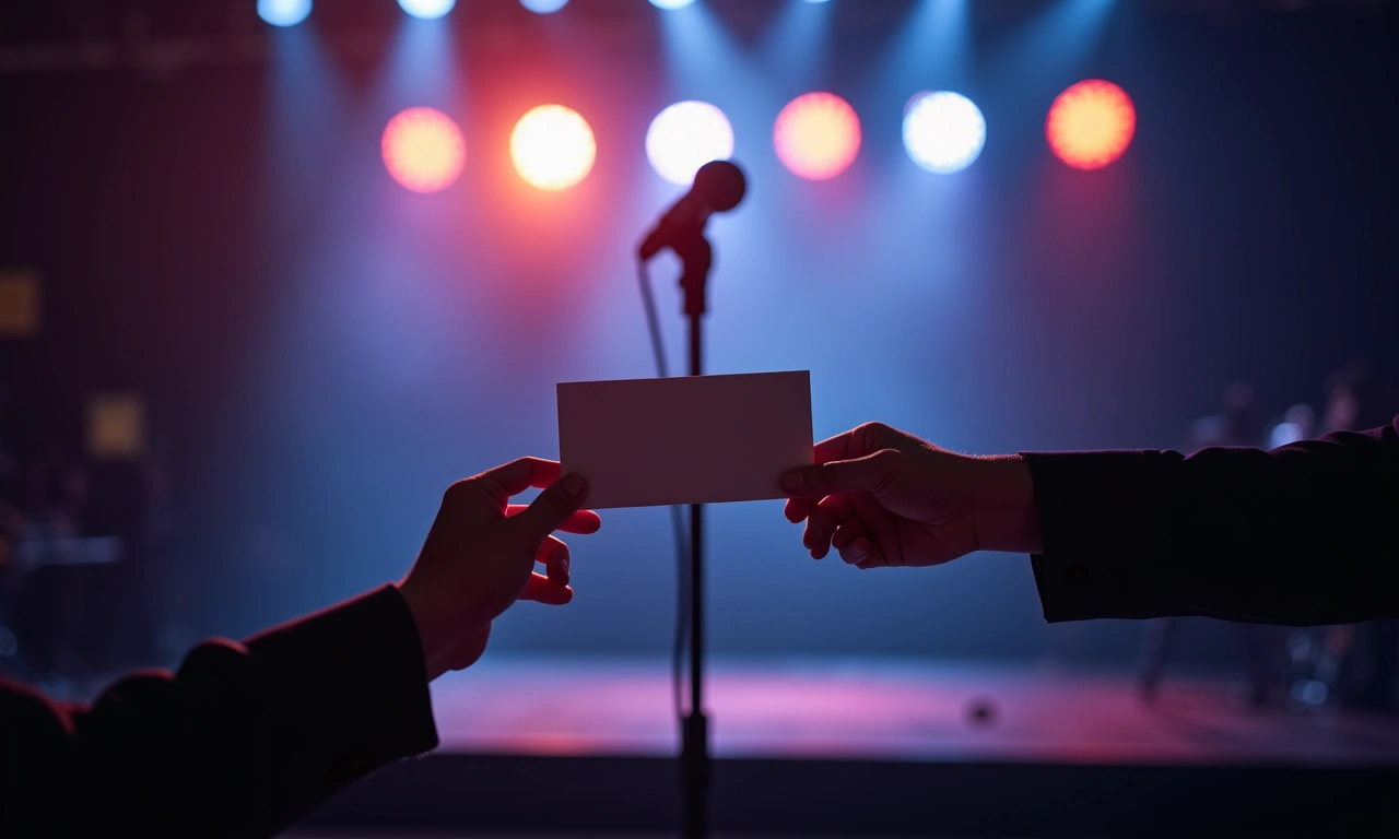 A blurred image of a stage with microphone stand, bright lights shining, suggesting a performance, with an anonymous hand extending a business card towards the blurred stage., photorealistic, 8k, highly detailed, cinematic lighting