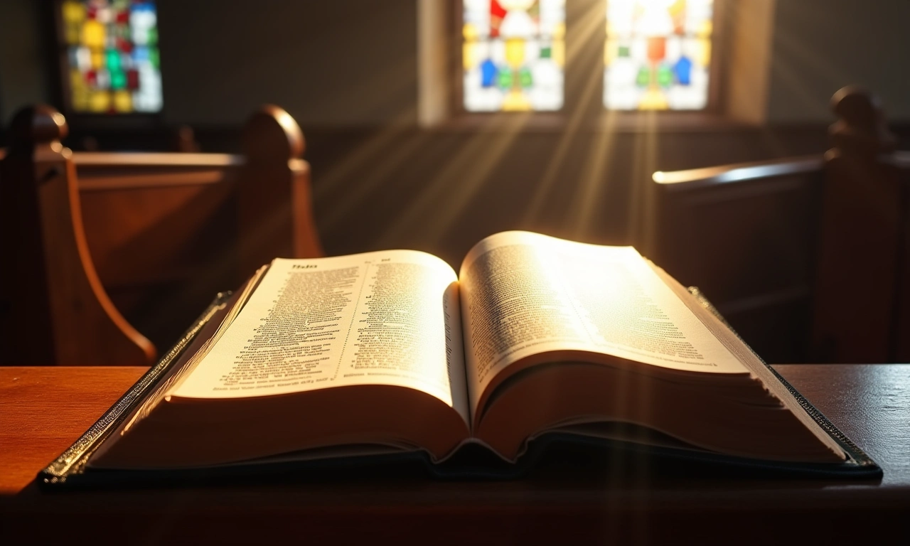 An open Book of Psalms, resting on a worn wooden church pew, bathed in soft, filtered light from a stained glass window., photorealistic, 8k, highly detailed, cinematic lighting