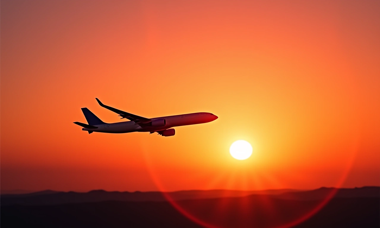 An airplane taking off at dusk, silhouetted against the vibrant sunset, symbolizing international travel and growth., photorealistic, 8k, highly detailed, cinematic lighting