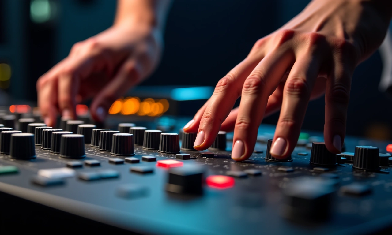 Two sets of hands adjusting sound mixing console faders in a recording studio, focused on crafting the perfect sound., photorealistic, 8k, highly detailed, cinematic lighting