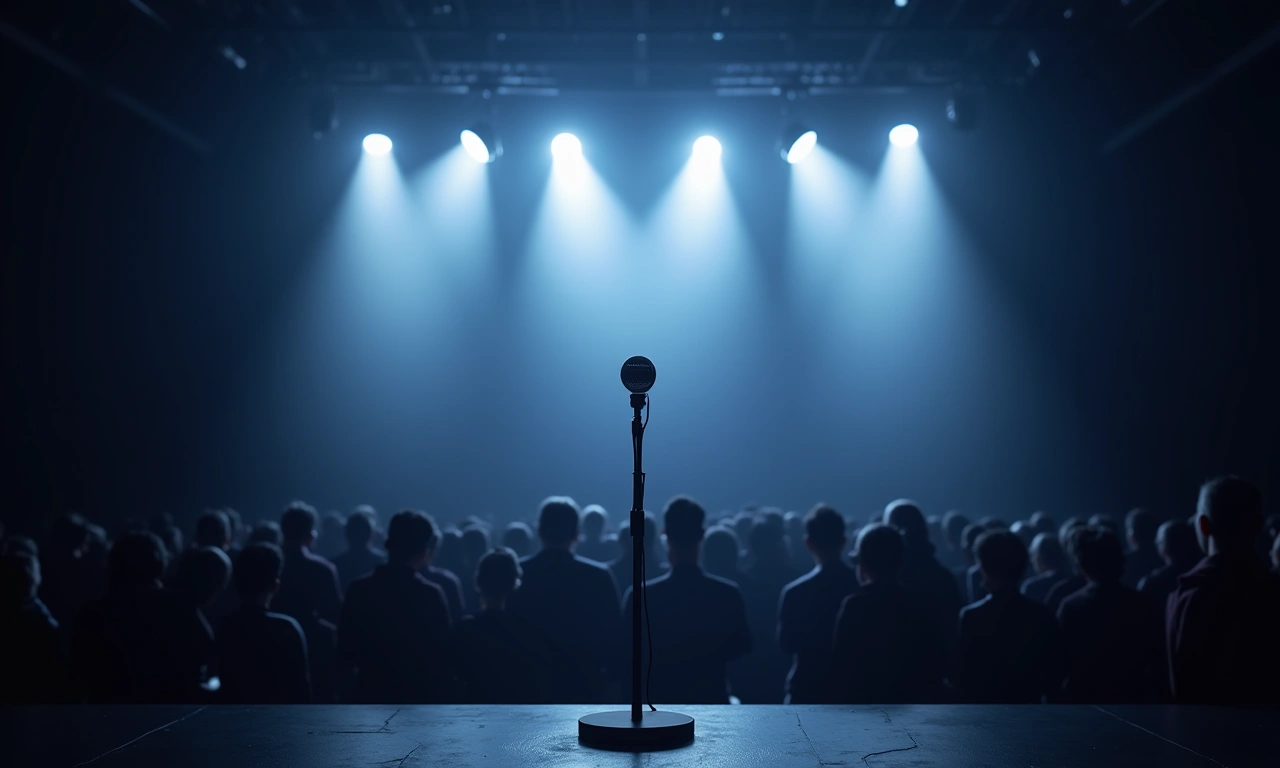 A brightly lit stage seen from the back, powerful spotlights shining on an empty microphone stand, a dark crowd is visible in the distance., photorealistic, 8k, highly detailed, cinematic lighting