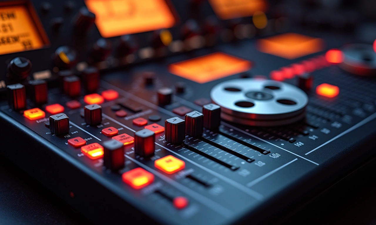 Close-up of multitrack recording equipment, vintage mixing board with illuminated knobs, and a reel-to-reel tape machine softly glowing., photorealistic, 8k, highly detailed, cinematic lighting