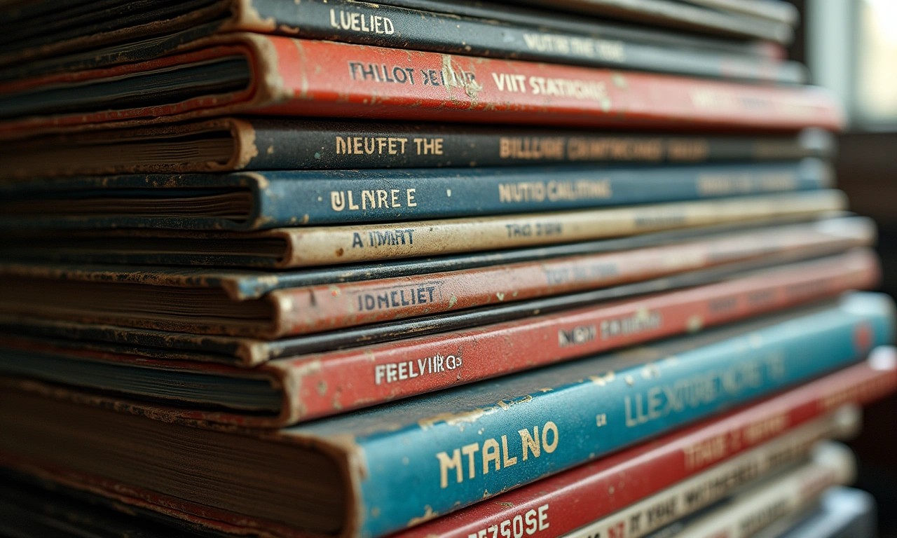 A stack of vinyl records in foreign packaging (French, Japanese, and Canadian), faded and aged, emphasizing the global reach and physical media format., photorealistic, 8k, highly detailed, cinematic lighting