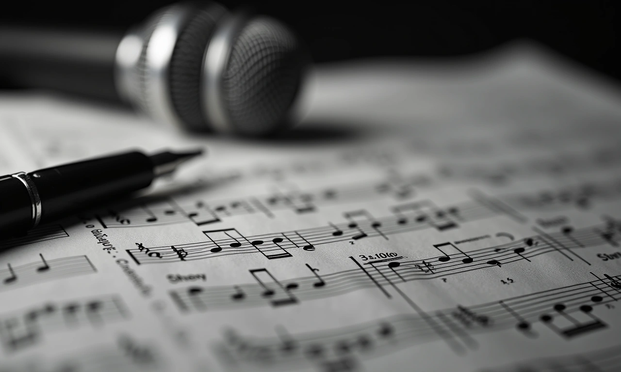 Close-up of a vintage newspaper with black and white photography, slightly blurred, featuring musical notes and microphone. The headline is partially obscured but suggests an event review., photorealistic, 8k, highly detailed, cinematic lighting