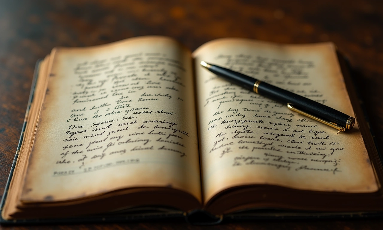 An old notebook, open to a page filled with handwritten lyrics in Creole. A pen rests on the page, near a highlighted phrase about love and hardship., photorealistic, 8k, highly detailed, cinematic lighting