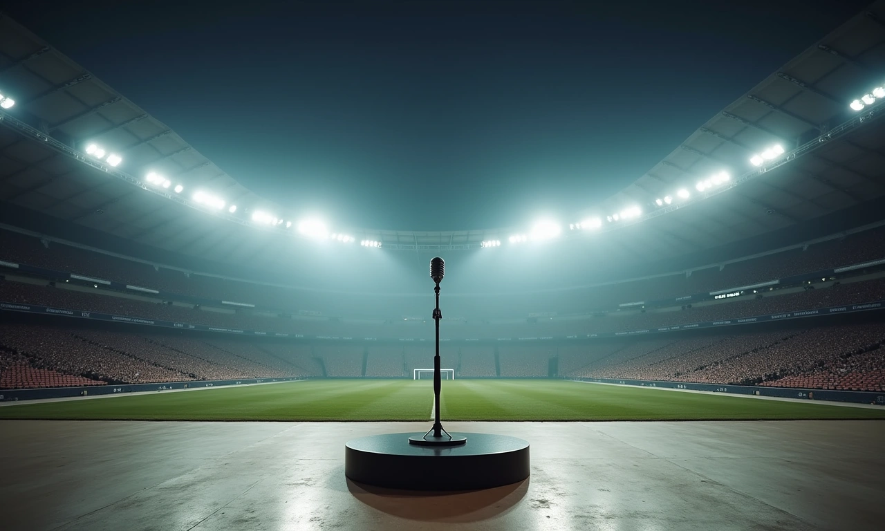 Wide shot of a large outdoor stadium, empty except for a lone microphone stand on a brightly lit revolving stage. The scene is slightly grainy and evokes the 1980s., photorealistic, 8k, highly detailed, cinematic lighting