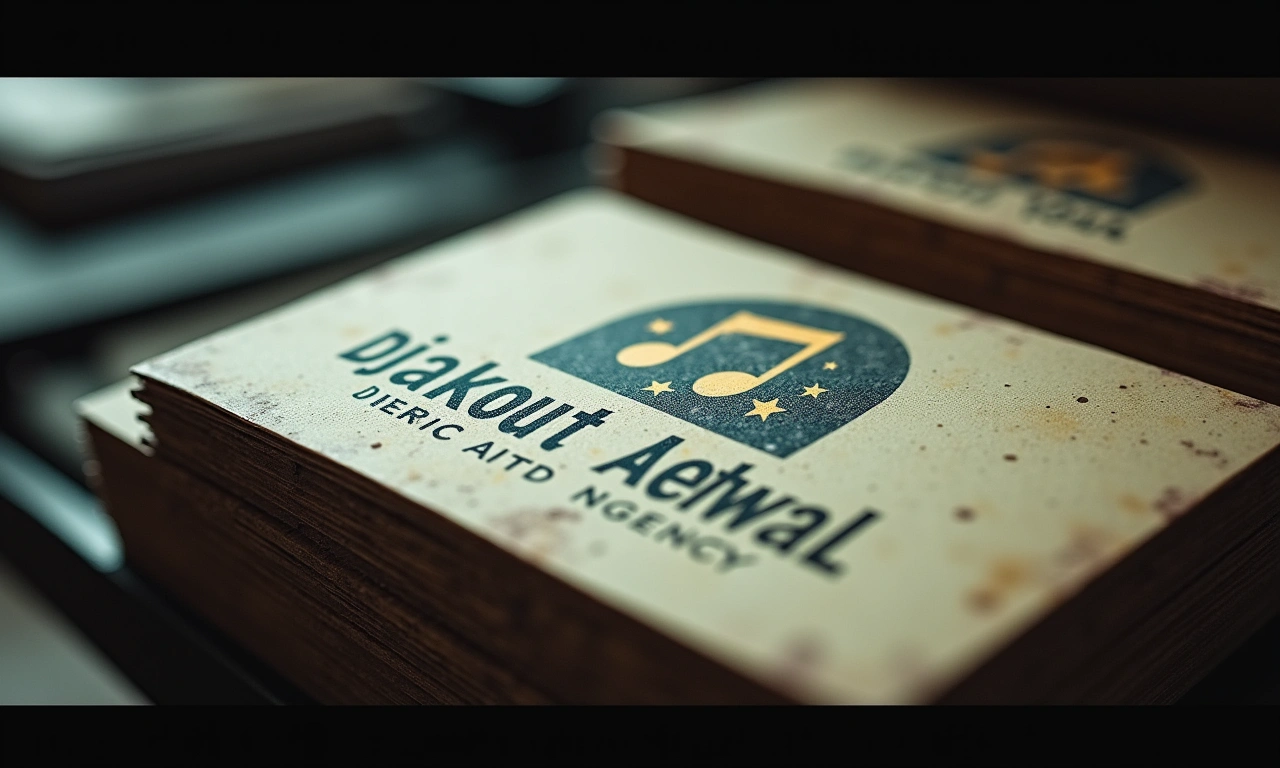 A Rolodex with business cards, one displaying a faded logo with stars and musical notes, the card reads 'Djakout Zetwal Talent Agency' but some parts are obscured., photorealistic, 8k, highly detailed, cinematic lighting