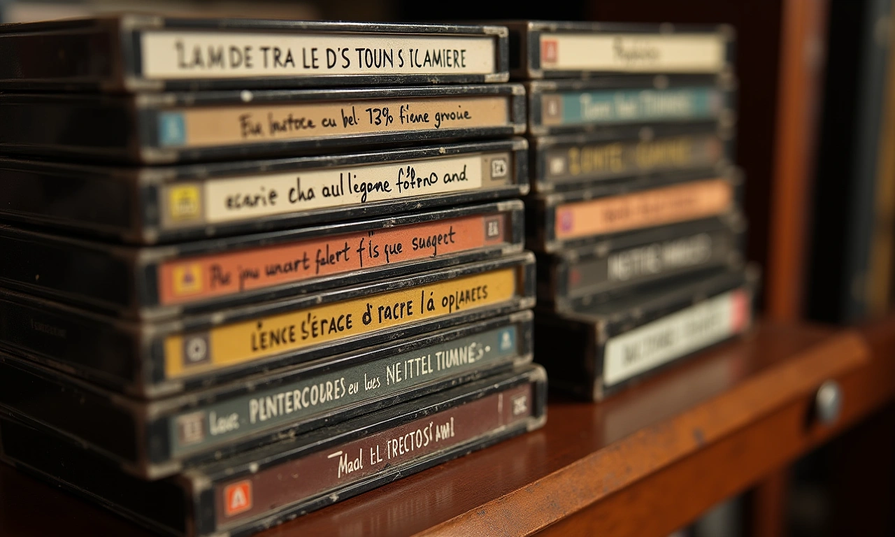 A collection of worn audio cassette tapes, neatly stacked, with handwritten labels in French, hinting at a curated selection of chanson masters, evoking a sense of dedicated study and musical influence., photorealistic, 8k, highly detailed, cinematic lighting