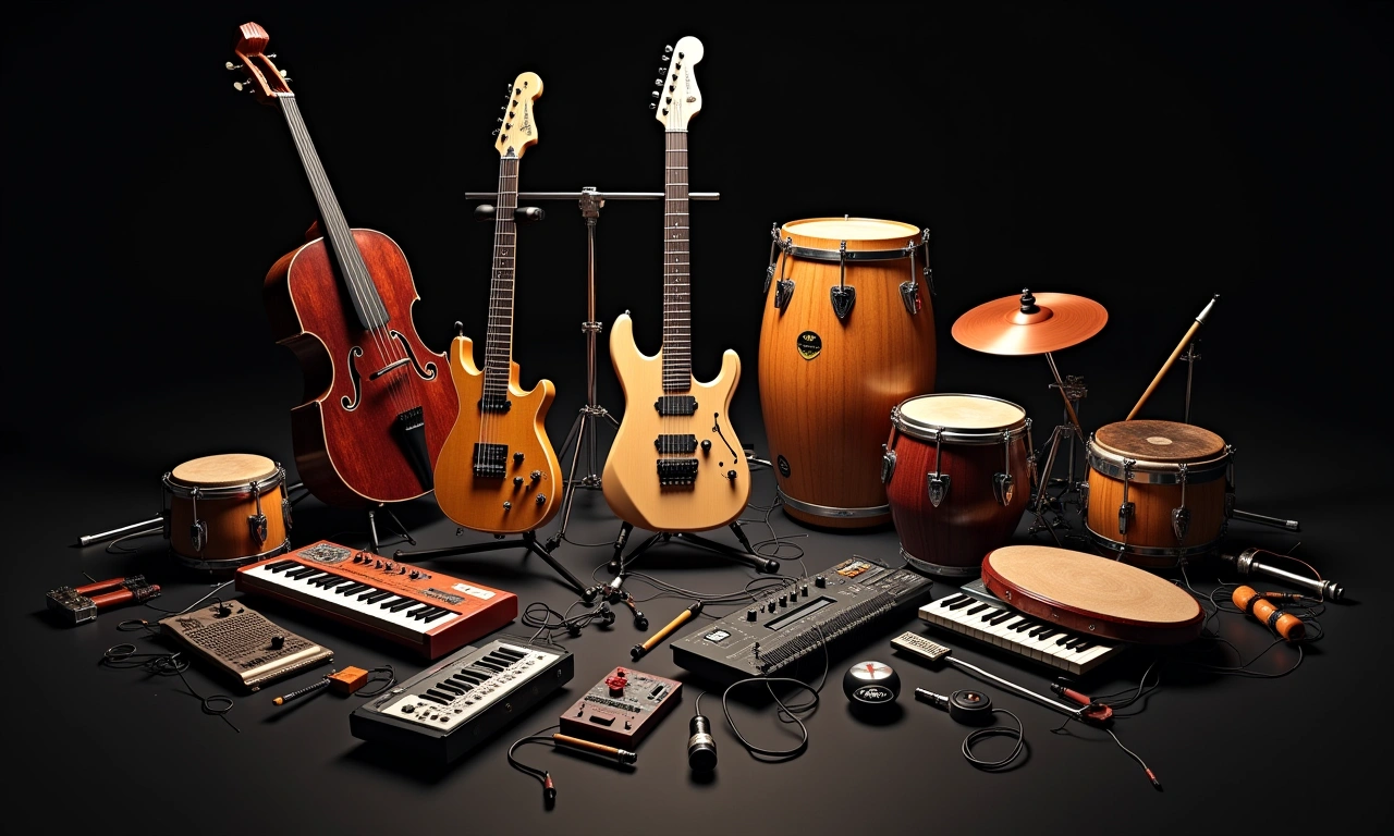 A collection of musical instruments, including a guitar, keyboard, and percussion instruments, arranged in a circle, symbolizing the fusion of different sounds and genres in the band Zeklè., photorealistic, 8k, highly detailed, cinematic lighting