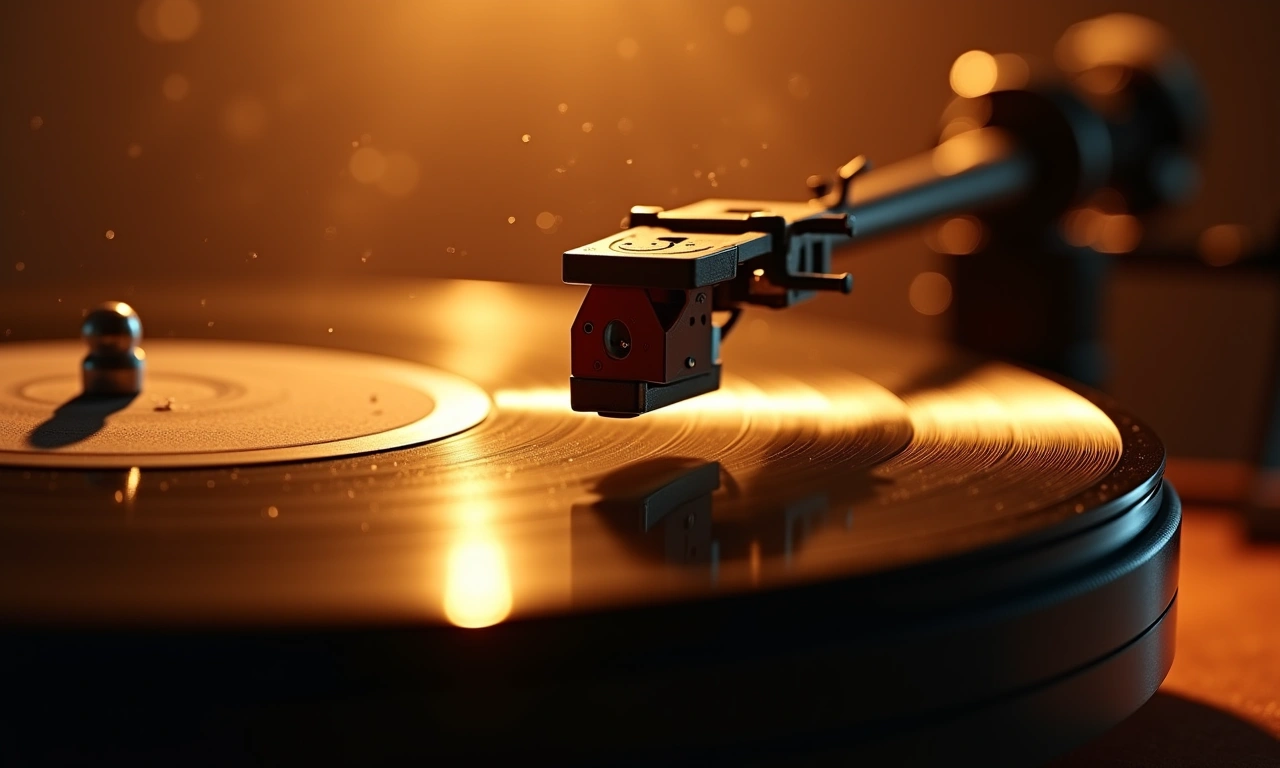 Close up of a vintage turntable playing a vinyl record, with dust motes dancing in the air, bathed in warm light, conveying a sense of nostalgia and analog warmth., photorealistic, 8k, highly detailed, cinematic lighting