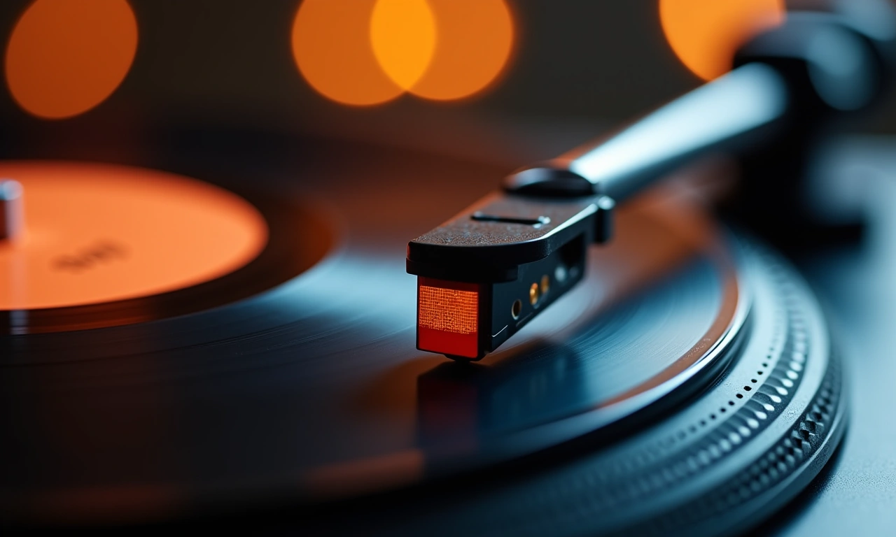 Close-up of a spinning vinyl record on a turntable, the needle gliding along the grooves, capturing the warmth and texture of analog sound, representing a dedication to musical artistry., photorealistic, 8k, highly detailed, cinematic lighting