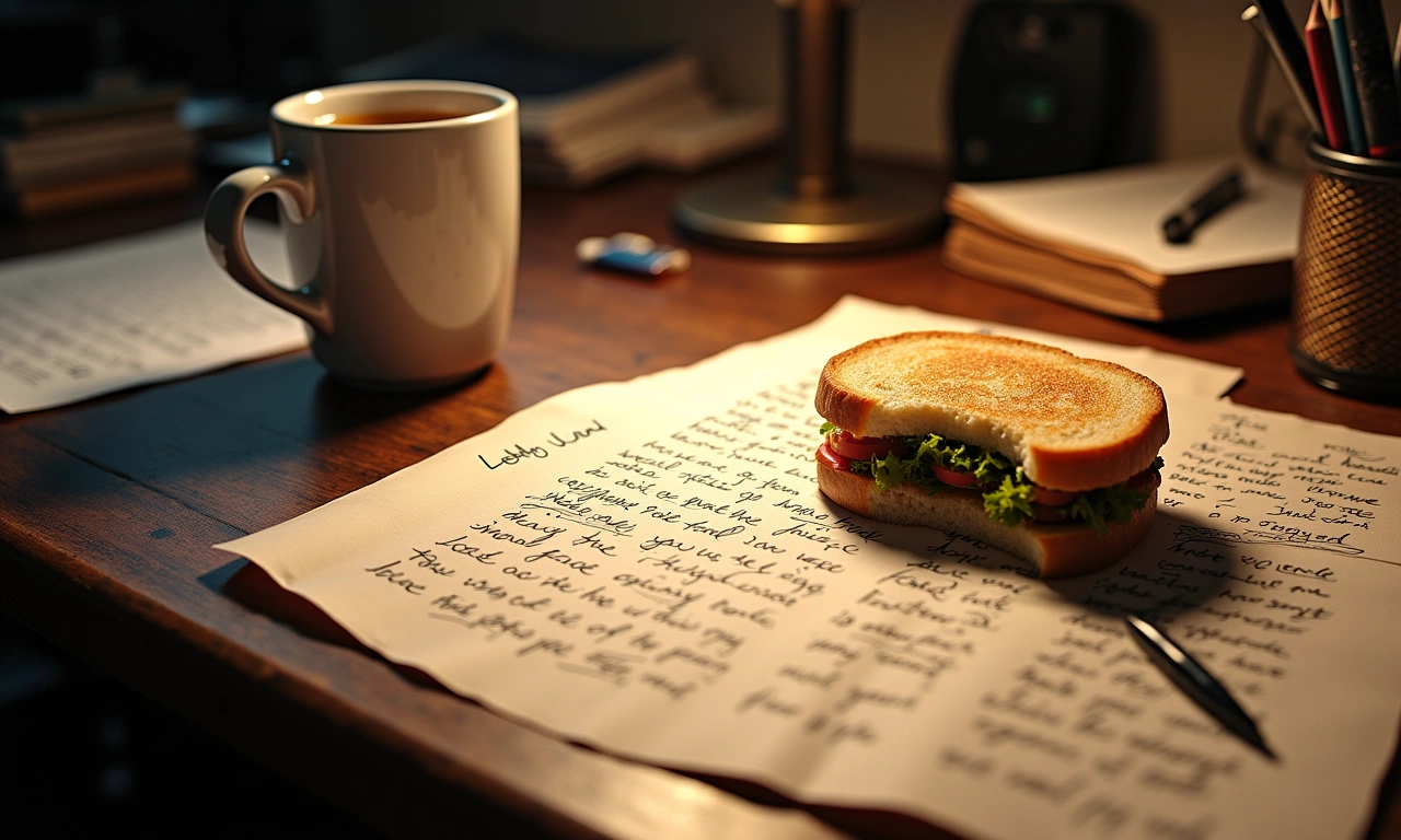 A cluttered desk with handwritten lyrics, musical notes, a coffee mug, and a half-eaten sandwich, suggesting a creative space where songwriting and collaboration thrive., photorealistic, 8k, highly detailed, cinematic lighting