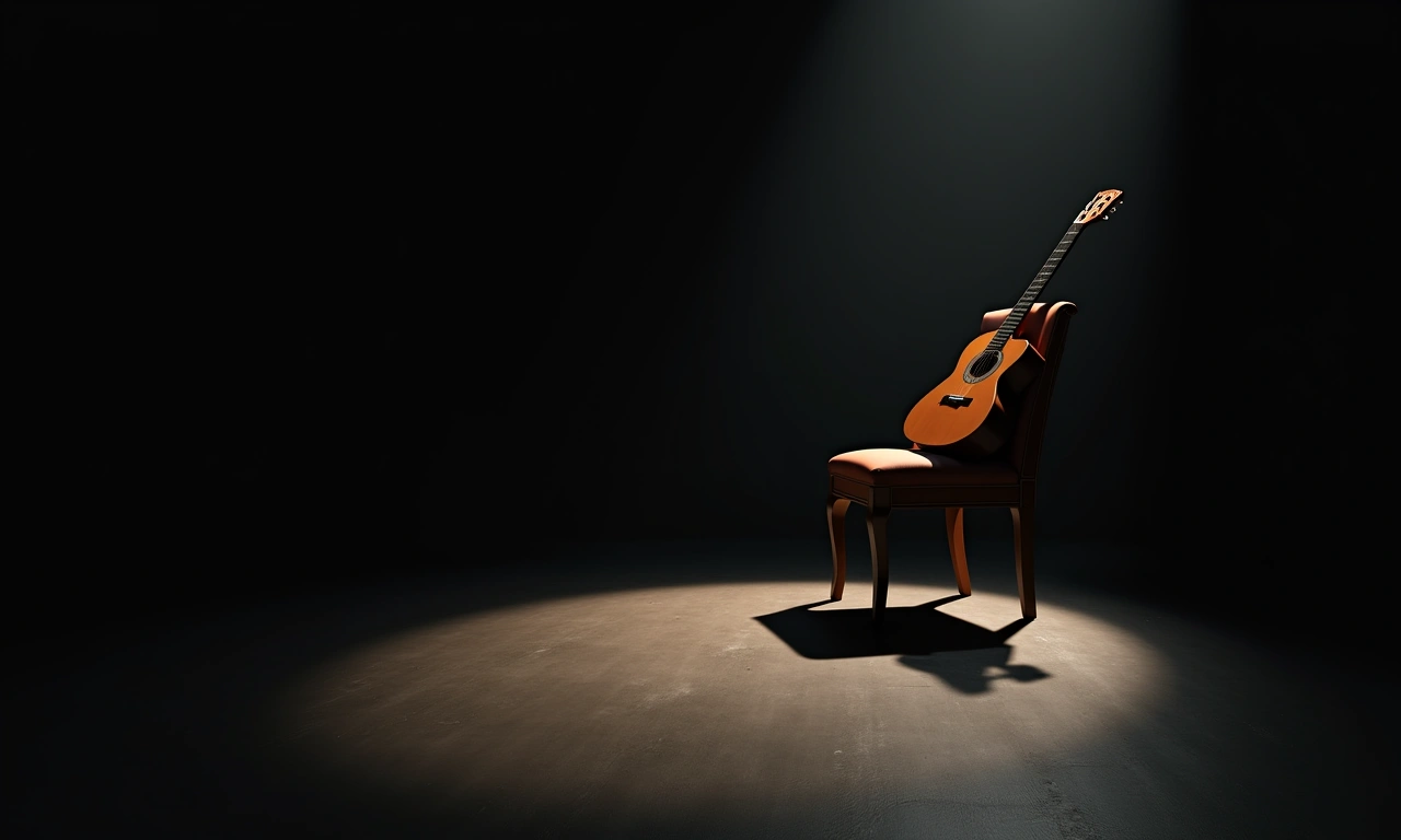 An empty chair sits in a dimly lit room, a guitar leaning against it, casting a long shadow on the floor., photorealistic, 8k, highly detailed, cinematic lighting
