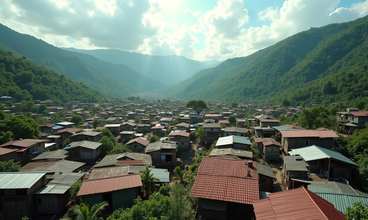 View from a high vantage point looking over tin roofs, of a densely packed Haitian town, with lush green hills in the background., photorealistic, 8k, highly detailed, cinematic lighting