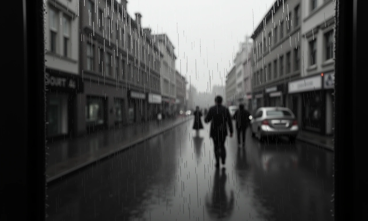 Gloomy black and white photograph of rain lashing against a window pane, suggestive of a storm, with blurred figures in the distance., photorealistic, 8k, highly detailed, cinematic lighting