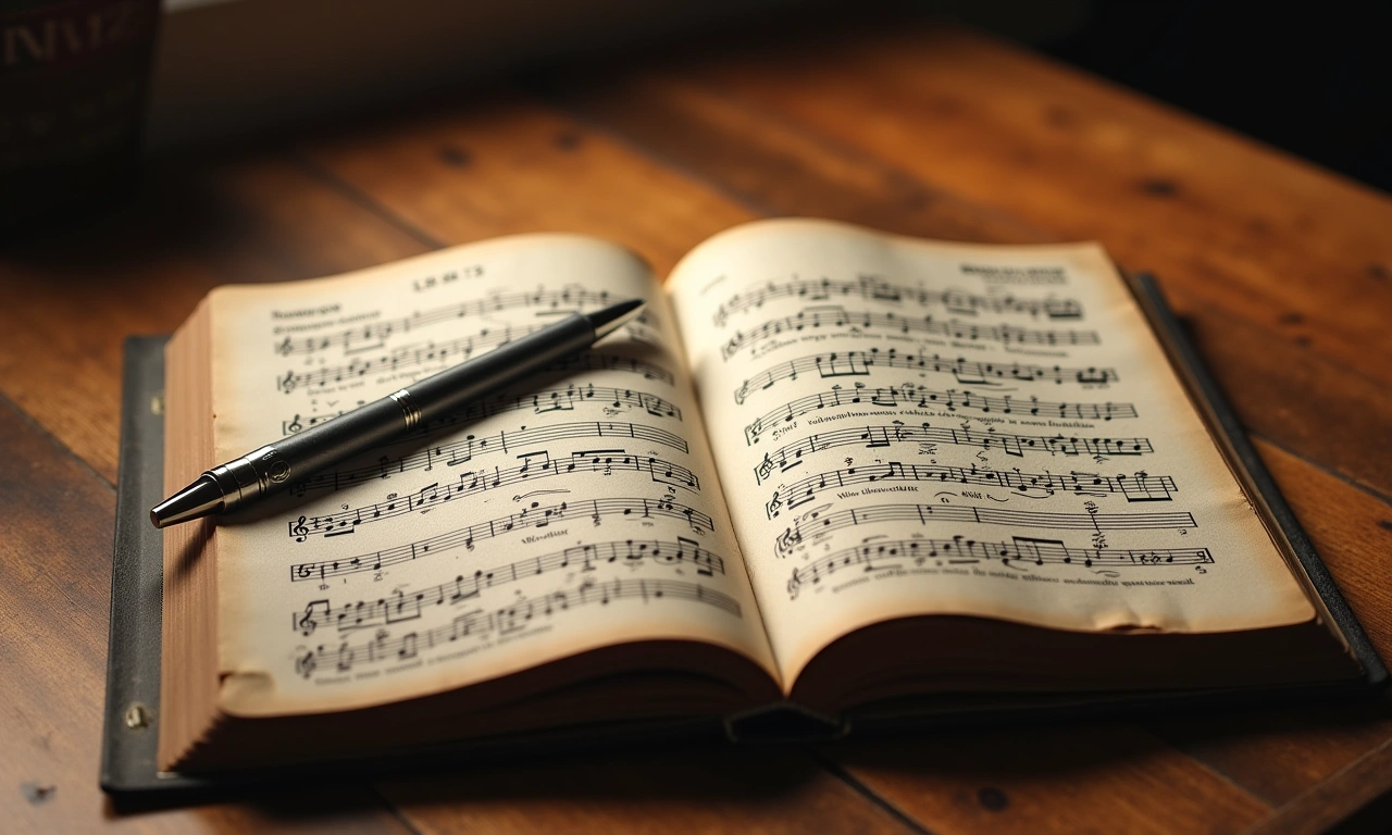 A worn notebook lies open on a wooden table, a pen resting on the page filled with handwritten lyrics and musical notations., photorealistic, 8k, highly detailed, cinematic lighting