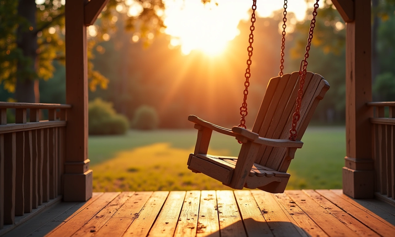 A sun-drenched, nostalgic view of a worn, wooden porch swing gently swaying on a quiet afternoon., photorealistic, 8k, highly detailed, cinematic lighting