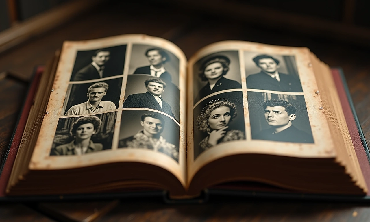 An opened, antique photo album with slightly faded photographs, showing a collection of talented actors and actresses., photorealistic, 8k, highly detailed, cinematic lighting