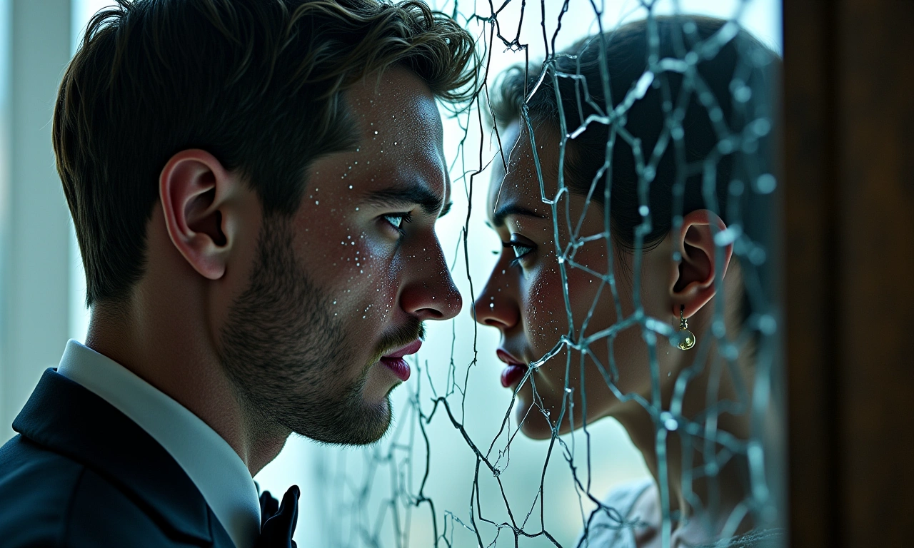 A shattered mirror reflecting a distorted image of a wedding photo, symbolizing a fractured relationship due to ego and infidelity., photorealistic, 8k, highly detailed, cinematic lighting