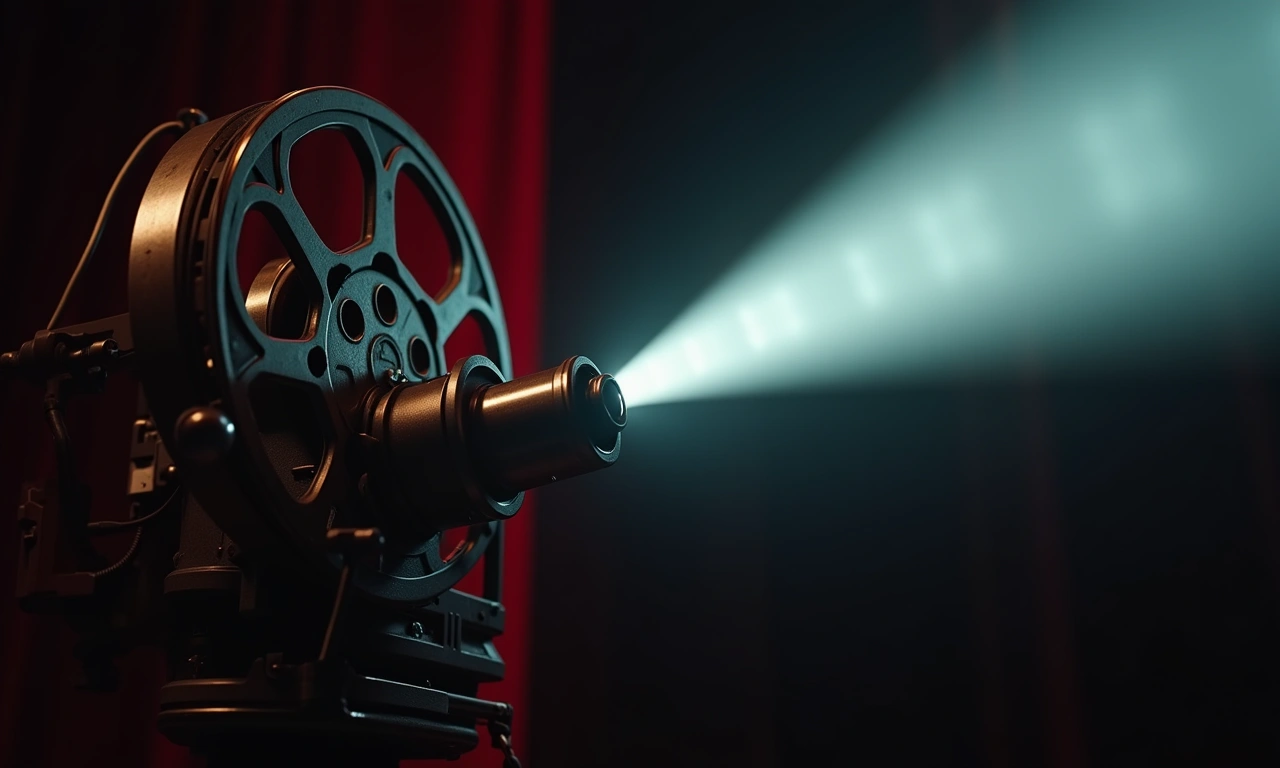 A vintage film reel projecting a romantic drama onto a screen in a dimly lit theater. Focus on the light emanating from the projector and the shadows it casts., photorealistic, 8k, highly detailed, cinematic lighting