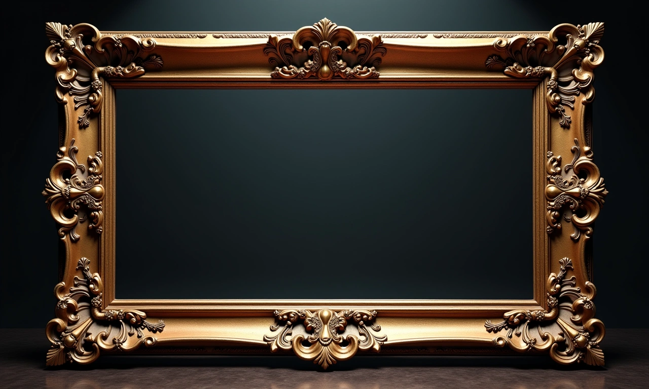 Ornate antique frame surrounding an empty space, signifying manufactured status and contested power structures., photorealistic, 8k, highly detailed, cinematic lighting