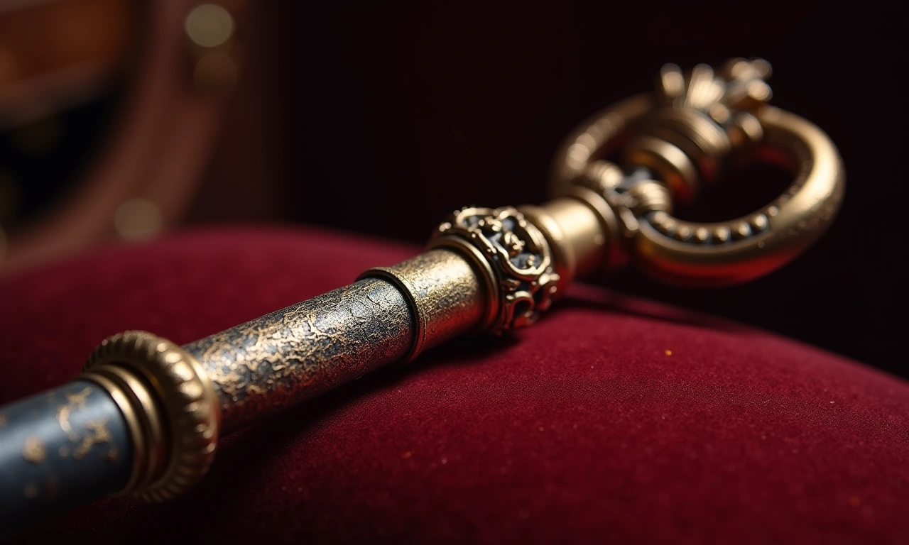 Close-up of a weathered, tarnished royal scepter lying on a velvet cushion, illustrating fleeting grandeur., photorealistic, 8k, highly detailed, cinematic lighting