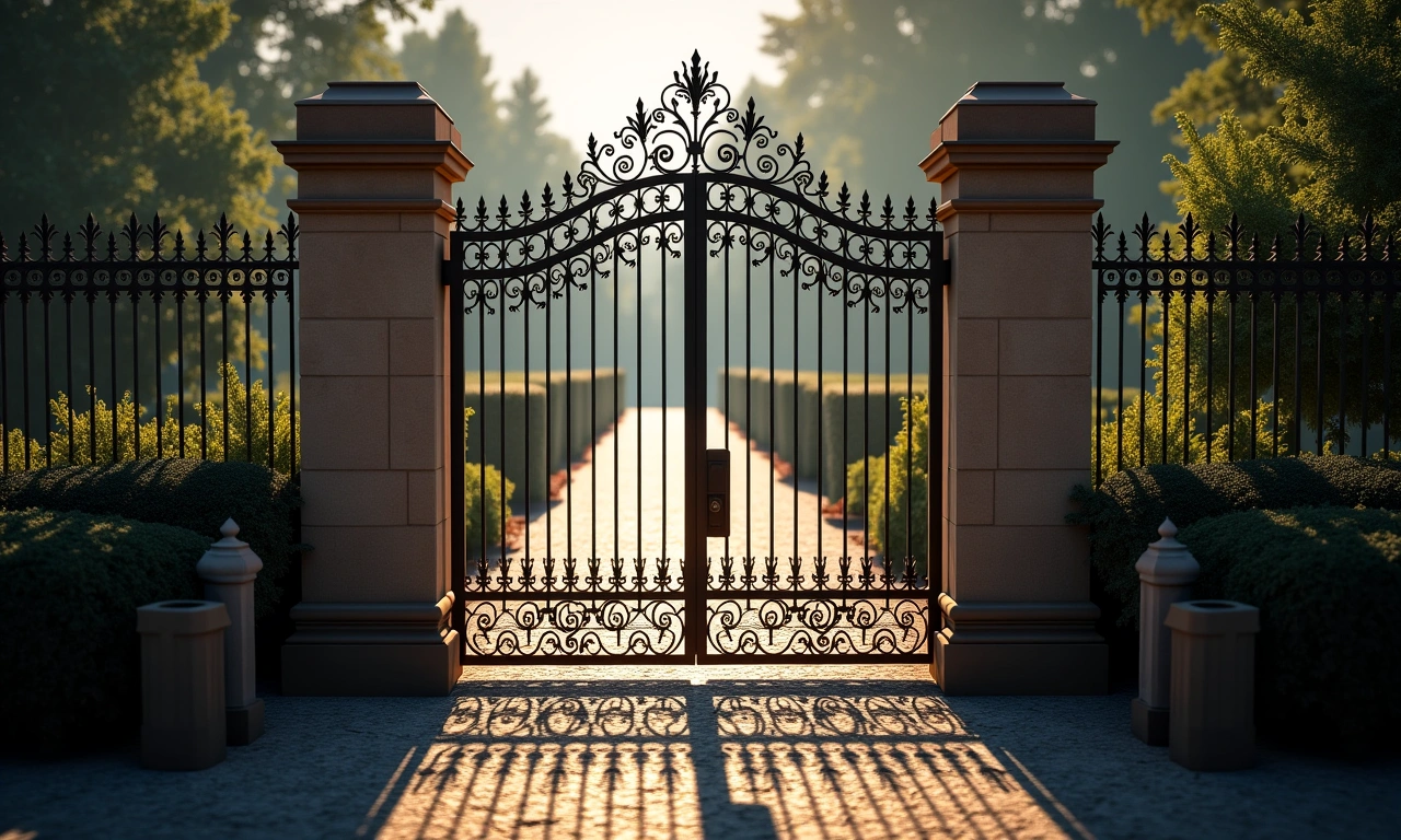 Overhead shot of an ornate wrought iron gate partially ajar, hinting at exclusivity and restricted access., photorealistic, 8k, highly detailed, cinematic lighting