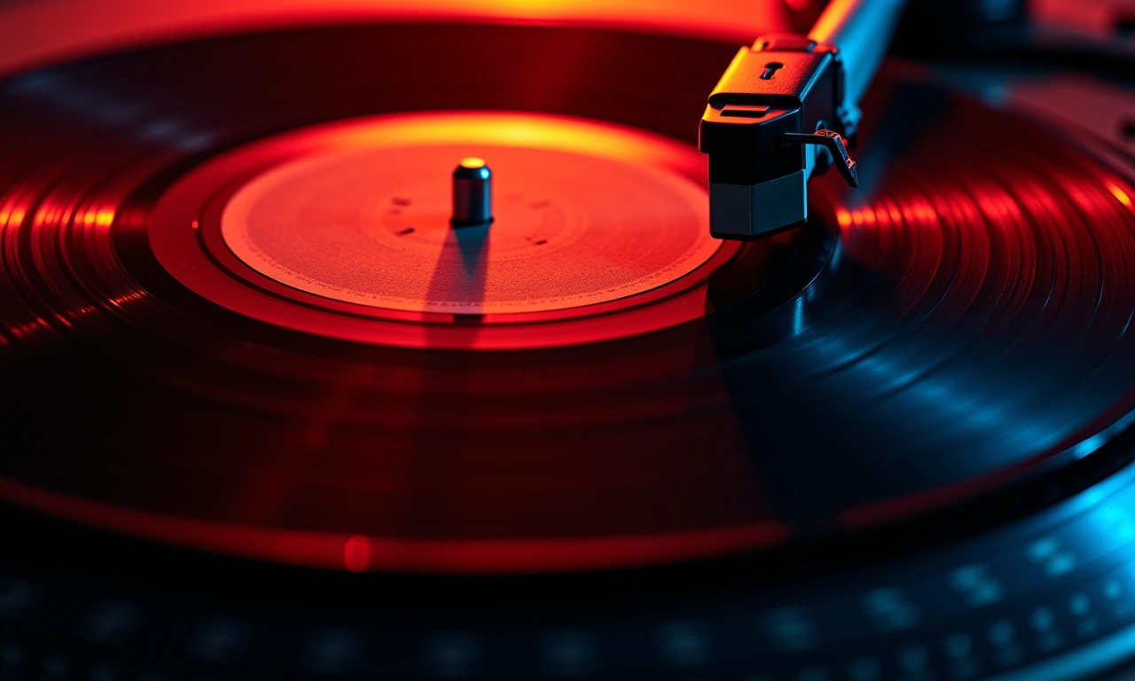 Overhead shot of vinyl records spinning on turntables, bathed in warm, colorful light, with a focus on the grooves and labels., photorealistic, 8k, highly detailed, cinematic lighting