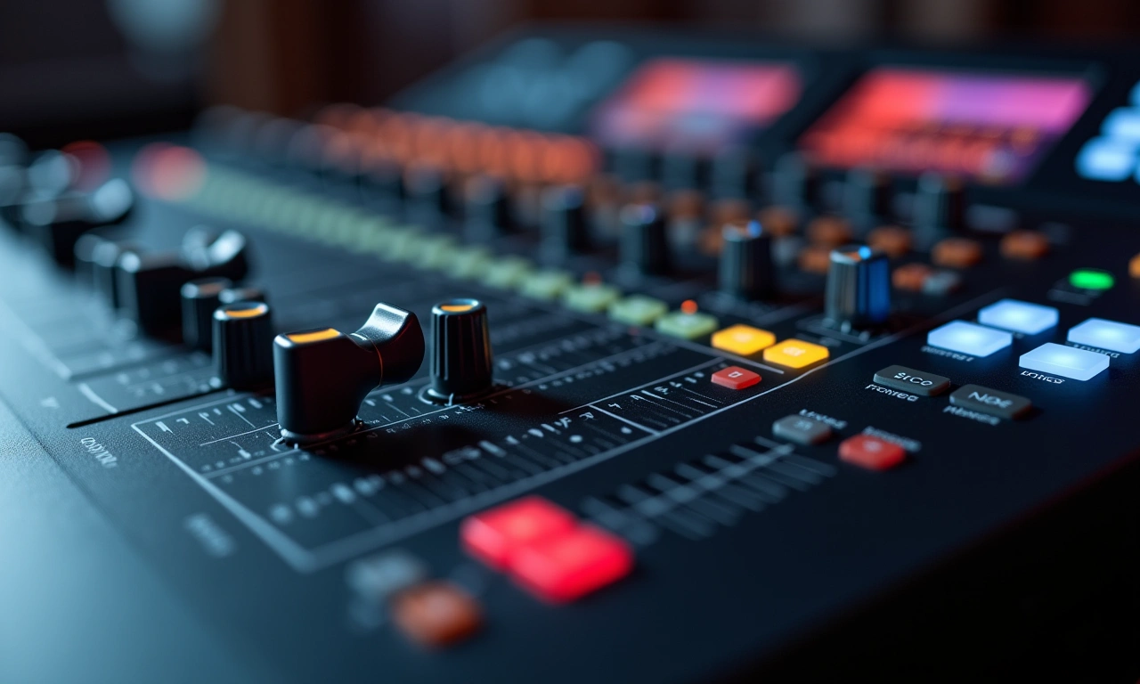 Close-up of a sound mixing board with multiple faders and knobs, indicating professional audio production and control., photorealistic, 8k, highly detailed, cinematic lighting