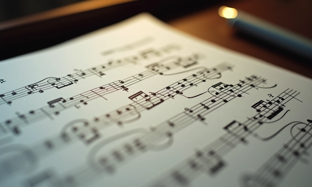 Close-up of sheet music with handwritten notes and markings, placed on a music stand, showcasing the preparation and dedication involved in musical arrangements., photorealistic, 8k, highly detailed, cinematic lighting