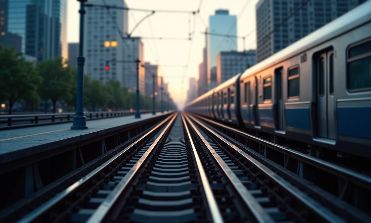 View from an elevated subway platform, showing train tracks converging and a blurred cityscape in the background, symbolizing movement and connection., photorealistic, 8k, highly detailed, cinematic lighting