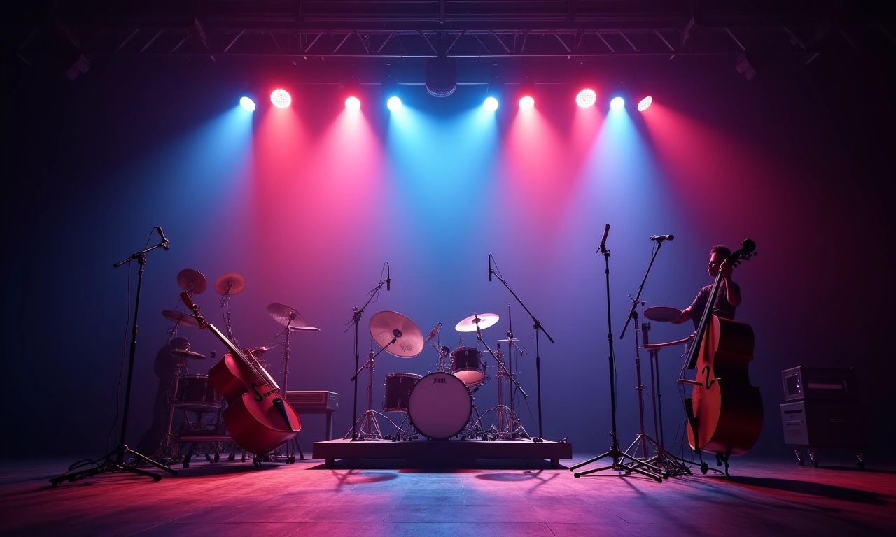 Wide shot of a dimly lit stage with musical instruments set up, illuminated by colorful stage lights, suggesting a vibrant performance is about to begin., photorealistic, 8k, highly detailed, cinematic lighting