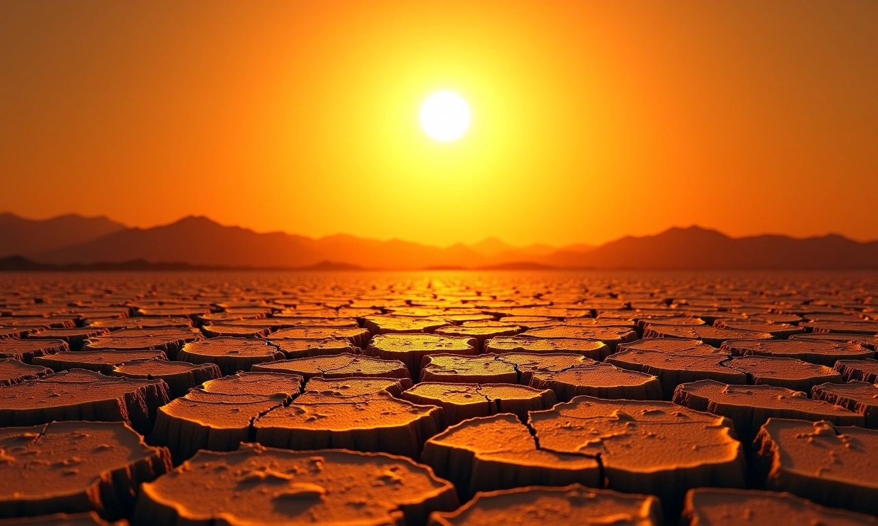 A parched and cracked earth landscape under a blazing sun, symbolizing environmental degradation and the urgent need for ecological awareness., photorealistic, 8k, highly detailed, cinematic lighting