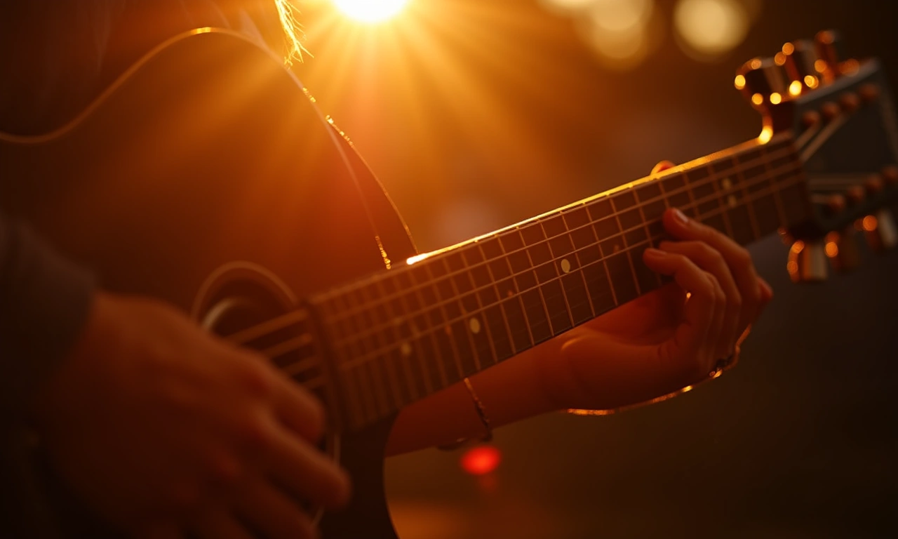 Close-up of hands skillfully playing an acoustic guitar, bathed in warm, golden light, evoking a sense of melody and artistic depth., photorealistic, 8k, highly detailed, cinematic lighting