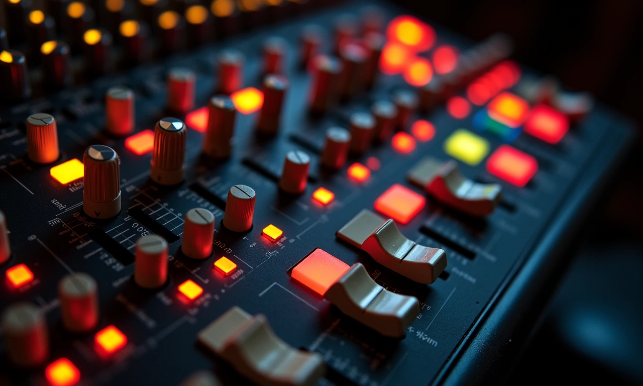 Overhead shot of a vintage recording studio mixing console, showing various knobs, faders, and illuminated buttons, hinting at creative production., photorealistic, 8k, highly detailed, cinematic lighting