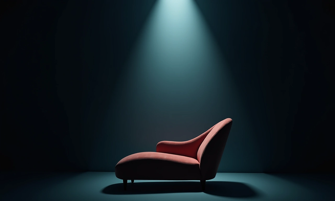 Abstract shot of a dimly lit room, with a single spotlight highlighting a velvet chaise lounge. The scene suggests vulnerability, intimacy and narrative depth through selective focus and soft textures., photorealistic, 8k, highly detailed, cinematic lighting