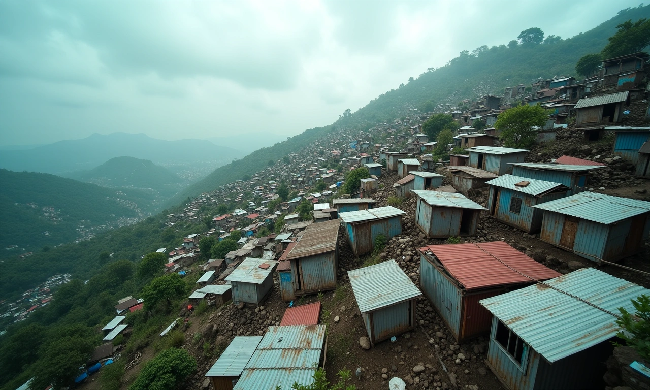 Wide angle image depicting corrugated iron shacks crowded on a steep hillside in Port-au-Prince, Haiti. Overcast sky., photorealistic, 8k, highly detailed, cinematic lighting