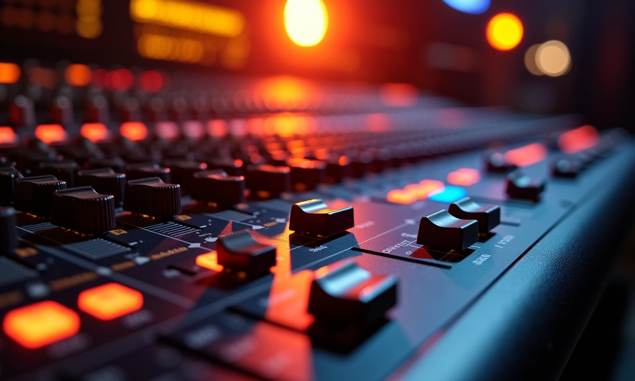 A mixing console in a recording studio with various knobs and sliders, bathed in soft, warm light, symbolizing the creation of a new musical identity., photorealistic, 8k, highly detailed, cinematic lighting