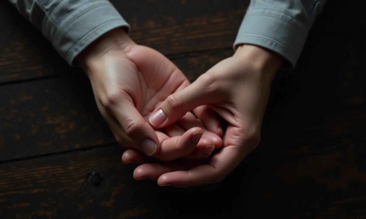 Two hands intertwined, photographed from above on a dark wooden table, symbolizing commitment and forgiveness., photorealistic, 8k, highly detailed, cinematic lighting