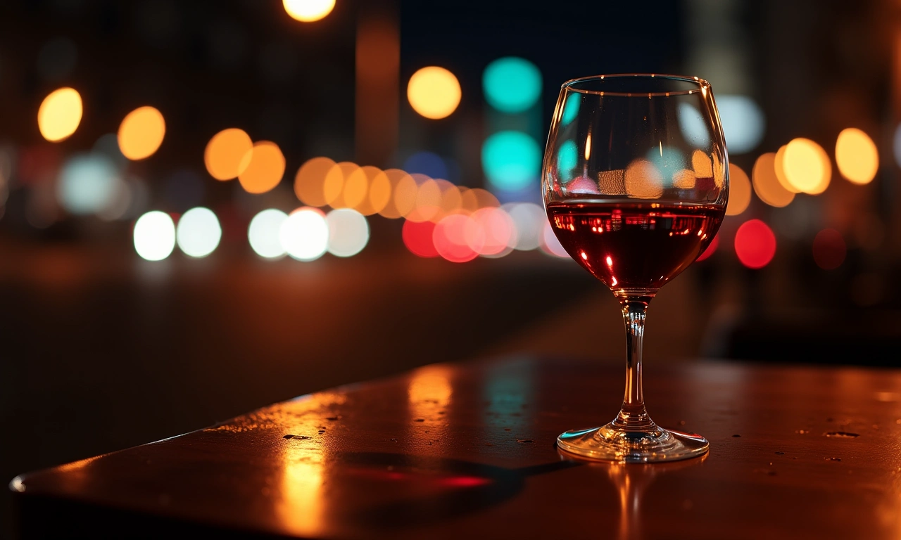 A half-empty glass of wine on a table, reflecting the blurry lights of a city street at night, symbolizing unreciprocated emotions and persistence., photorealistic, 8k, highly detailed, cinematic lighting