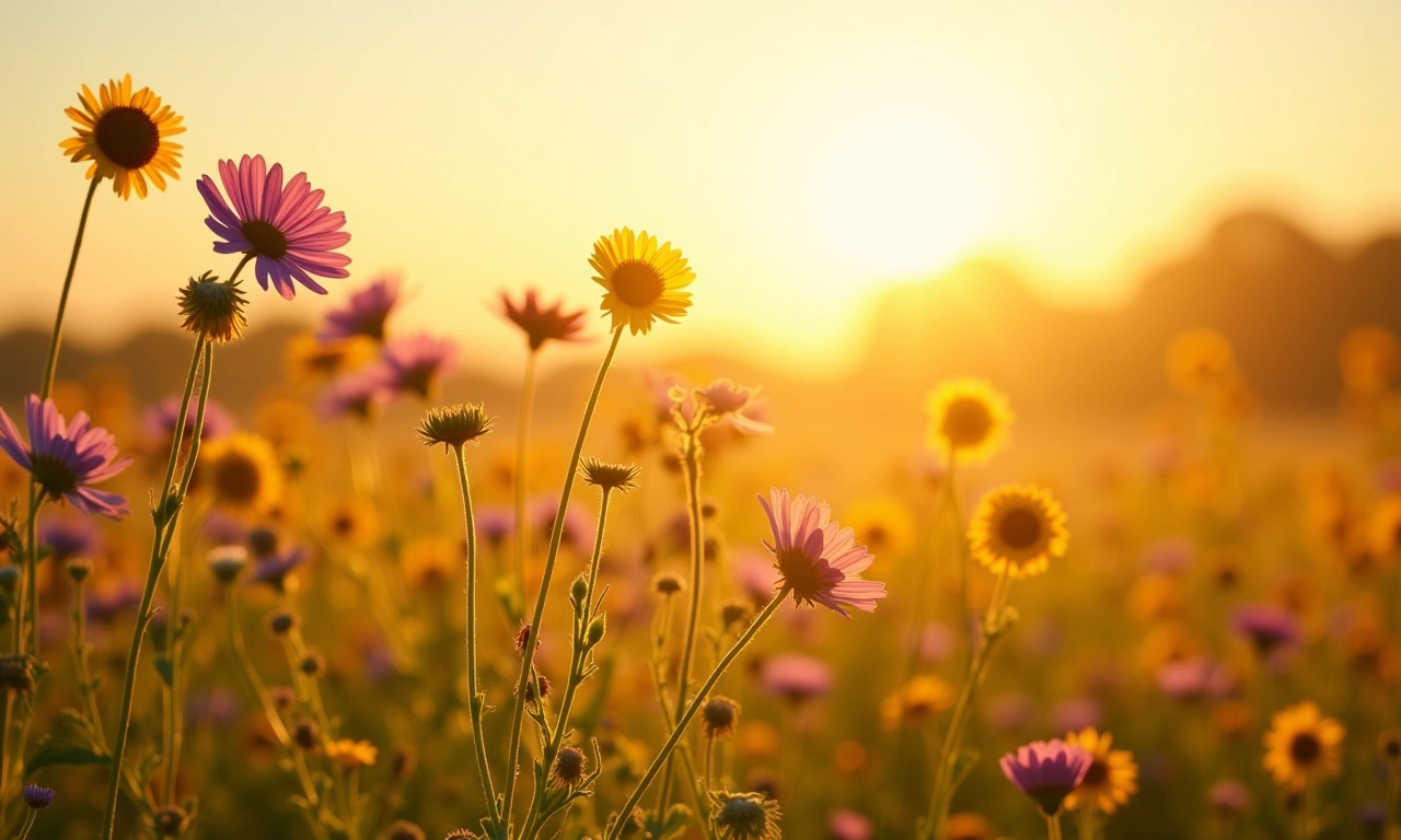 A sunlit field of wildflowers gently swaying in the breeze, symbolizing easy love and mutual effort., photorealistic, 8k, highly detailed, cinematic lighting
