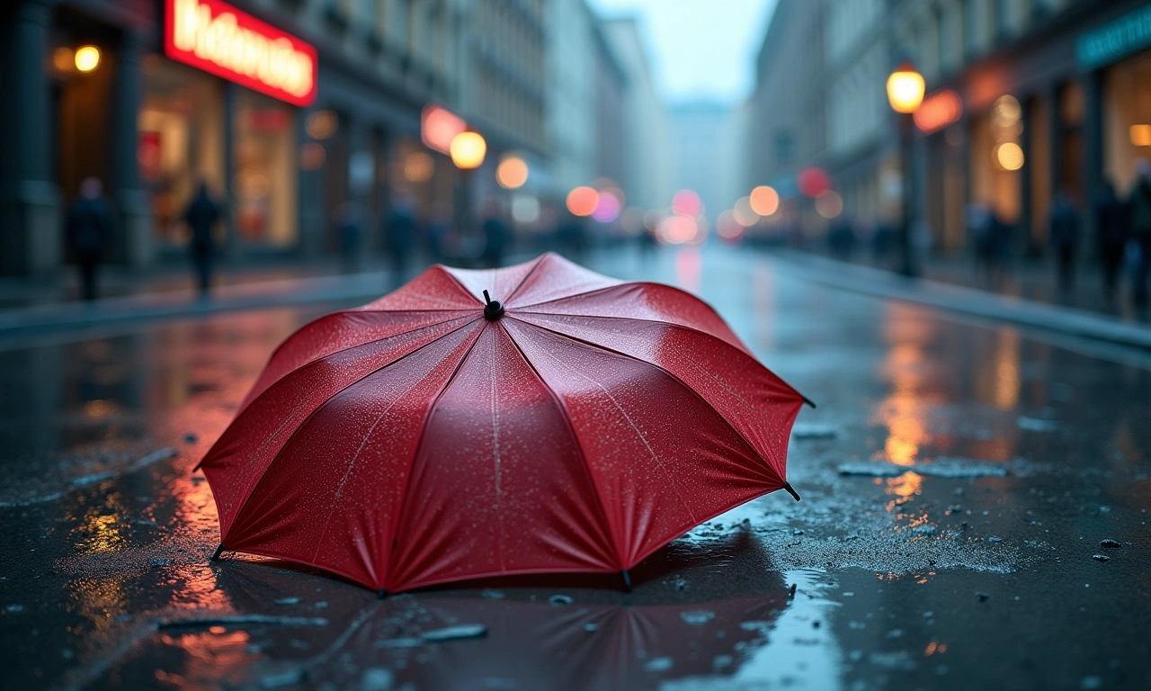 A cracked umbrella lying on a wet street, symbolizing the end of protection and provision in a failing relationship., photorealistic, 8k, highly detailed, cinematic lighting