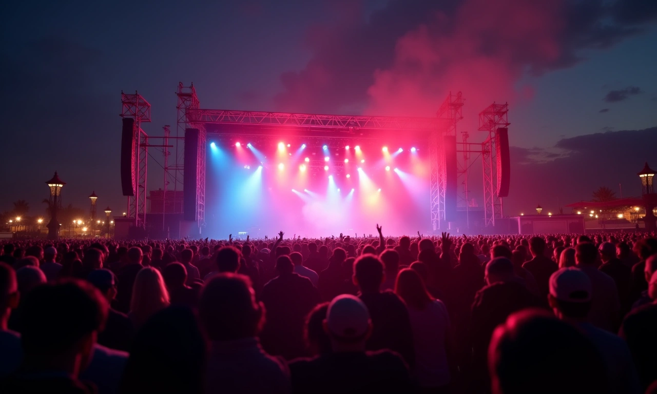 Wide shot of a large outdoor stage with colorful lights and a diverse crowd of people silhouetted against the stage, creating a sense of energy and excitement., photorealistic, 8k, highly detailed, cinematic lighting