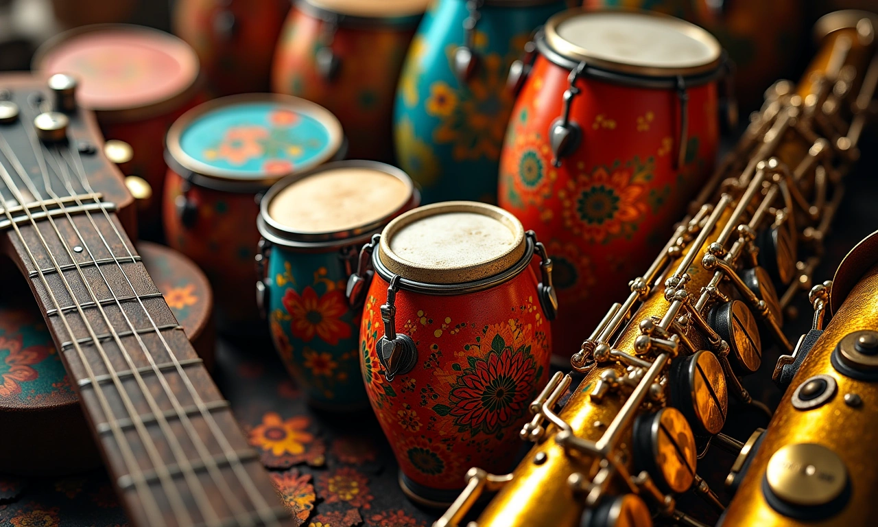 A vibrant collage of musical instruments: a worn electric guitar neck, a set of conga drums with colorful patterns, and a brass saxophone with intricate engravings., photorealistic, 8k, highly detailed, cinematic lighting
