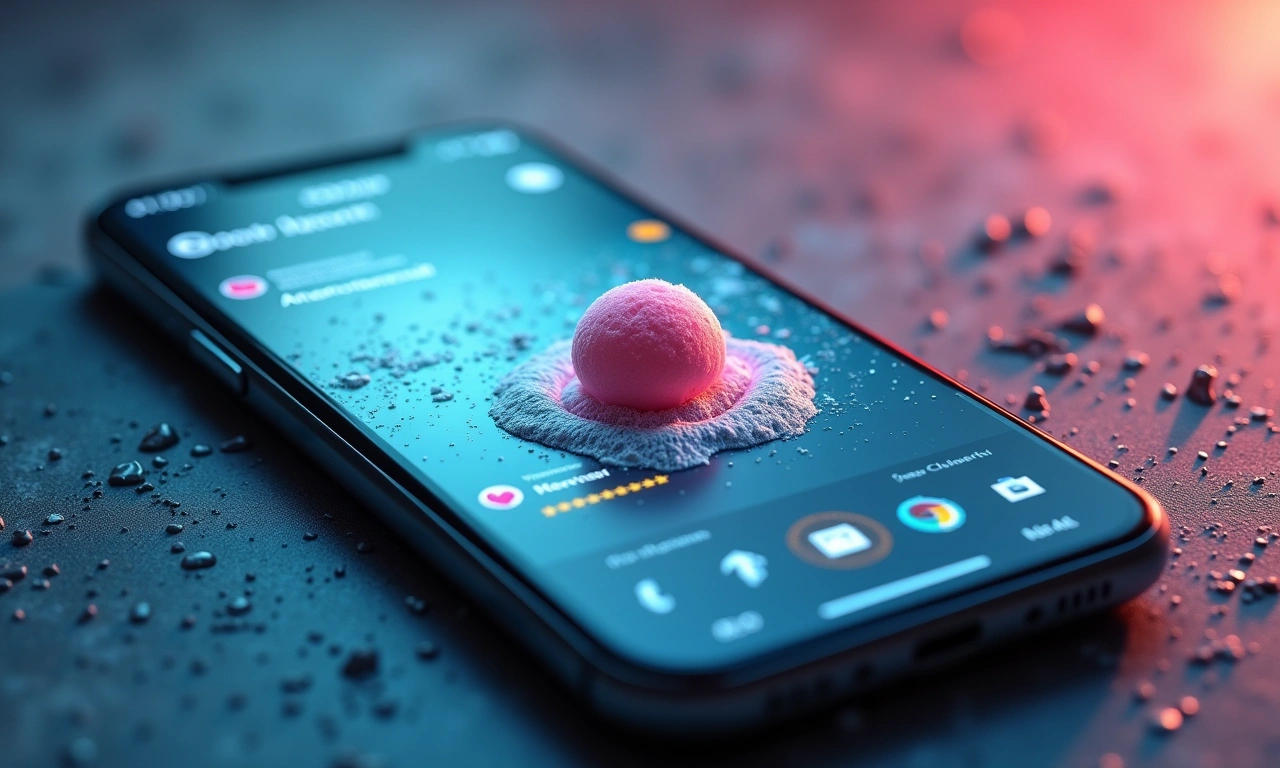 Overhead shot of a smartphone displaying a social media app with rapidly changing content, overlaid with a faint image of melting ice cream., photorealistic, 8k, highly detailed, cinematic lighting